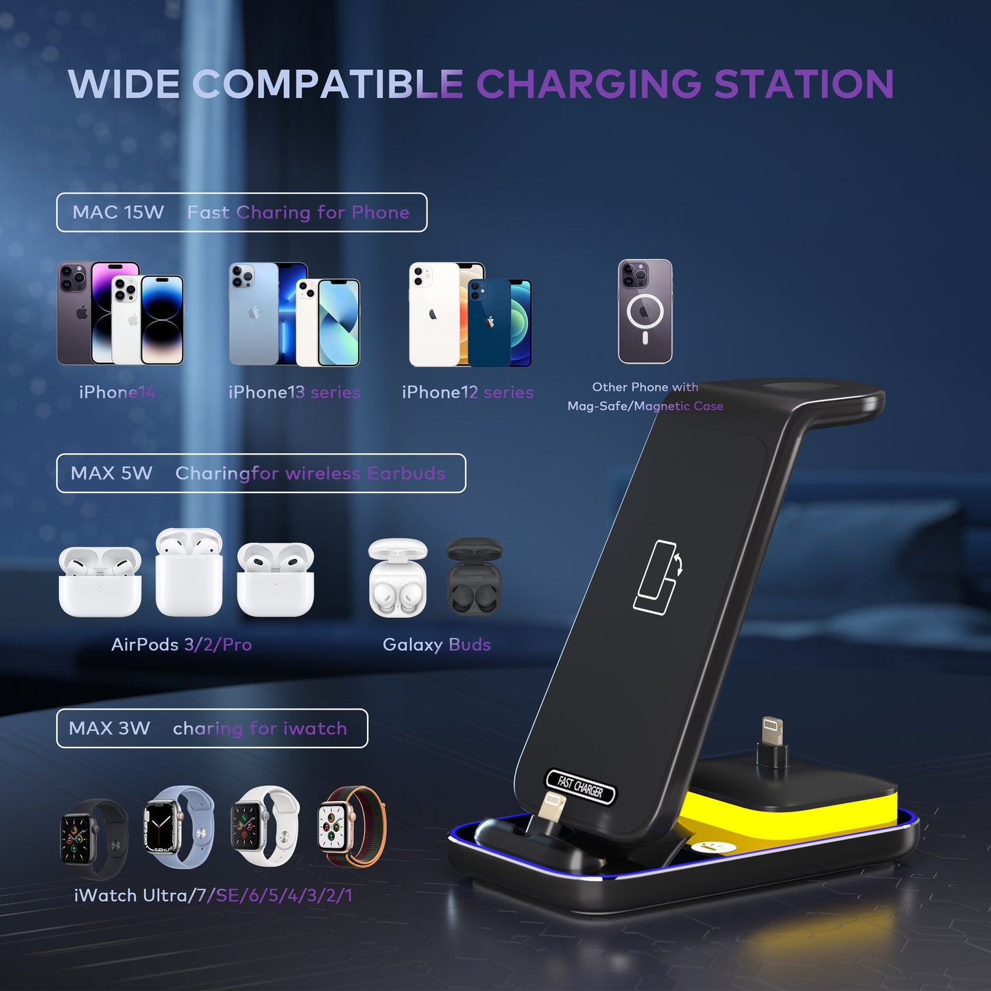 15W Fast Charge Vertical Wireless Charger for Phone, Watch & Headset